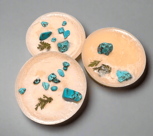 Pack of 3 Blood Orange scented wax tarts infused with turquoise crystals, perfect for creativity and self-care.