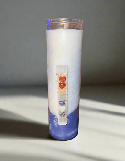 White Sage and Lavender scented chakra crystal prayer candle for sale.