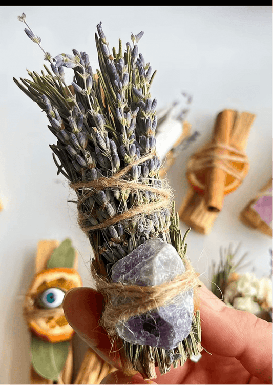 Energy Cleansing Palo Santo, Lavender & Rosemary Smudge Stick with Amethyst Hollys Artisan Candle Shop