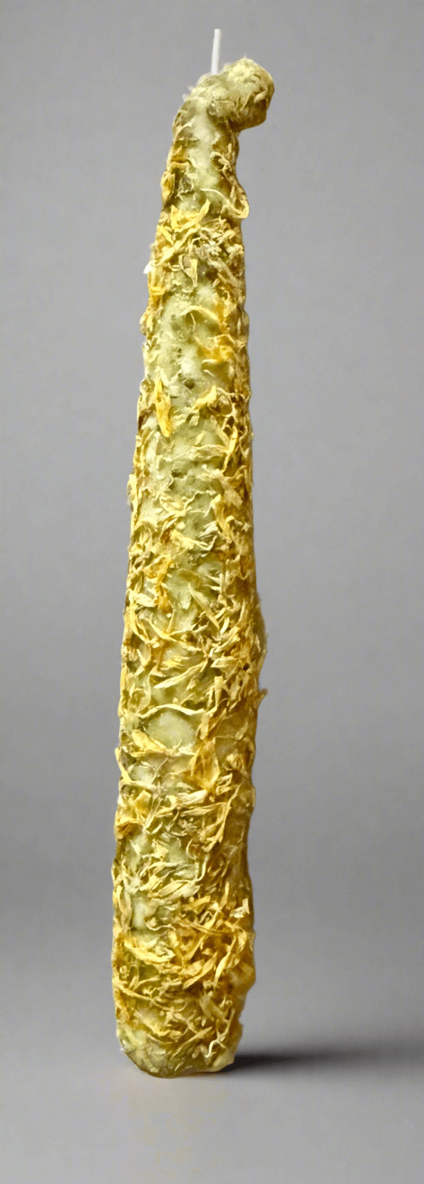 Golden Marigold Protection Ritual Candle – 8” soy taper, decorated with natural elements for spiritual practices.