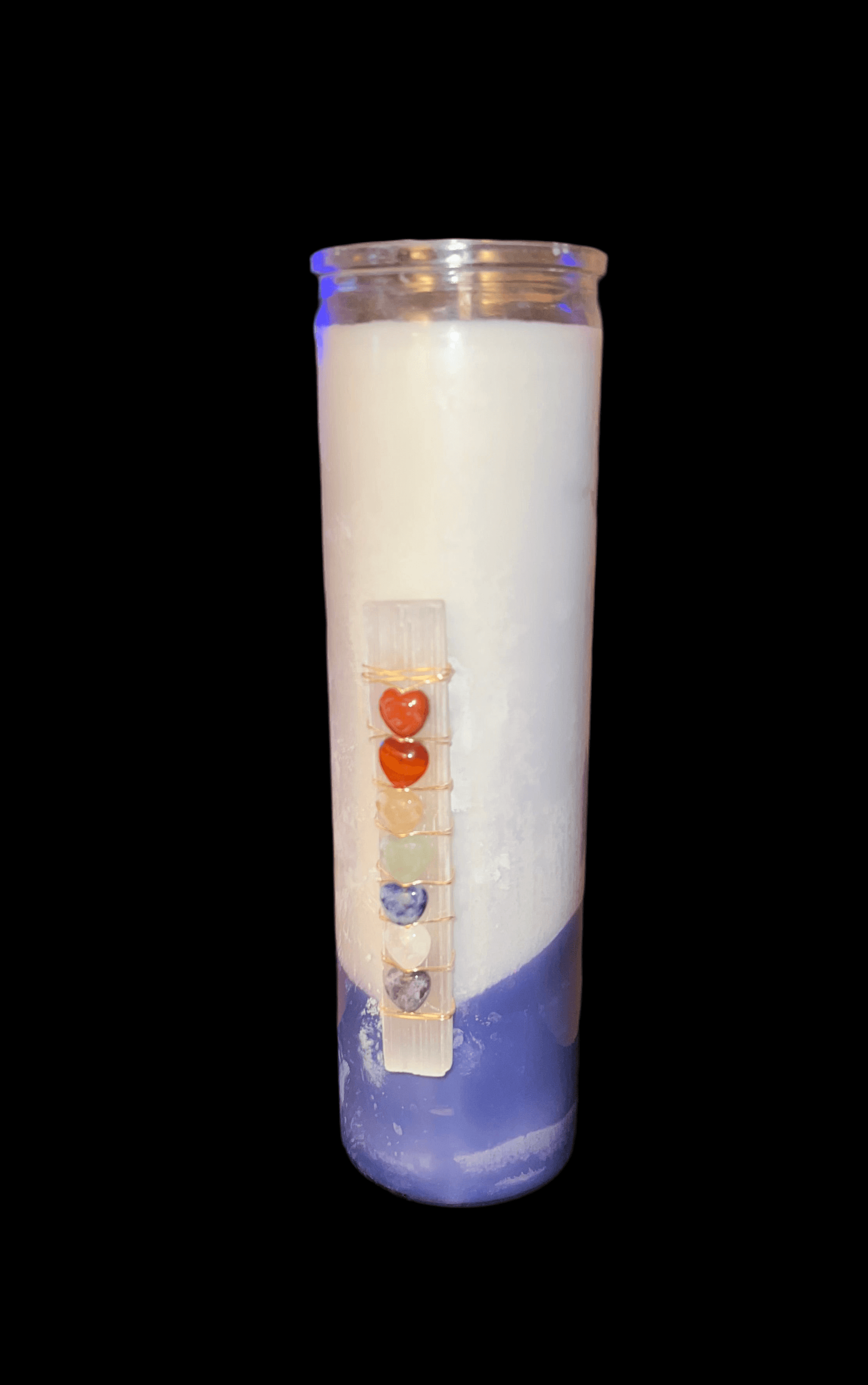 White Sage and Lavender scented chakra crystal prayer candle for sale.