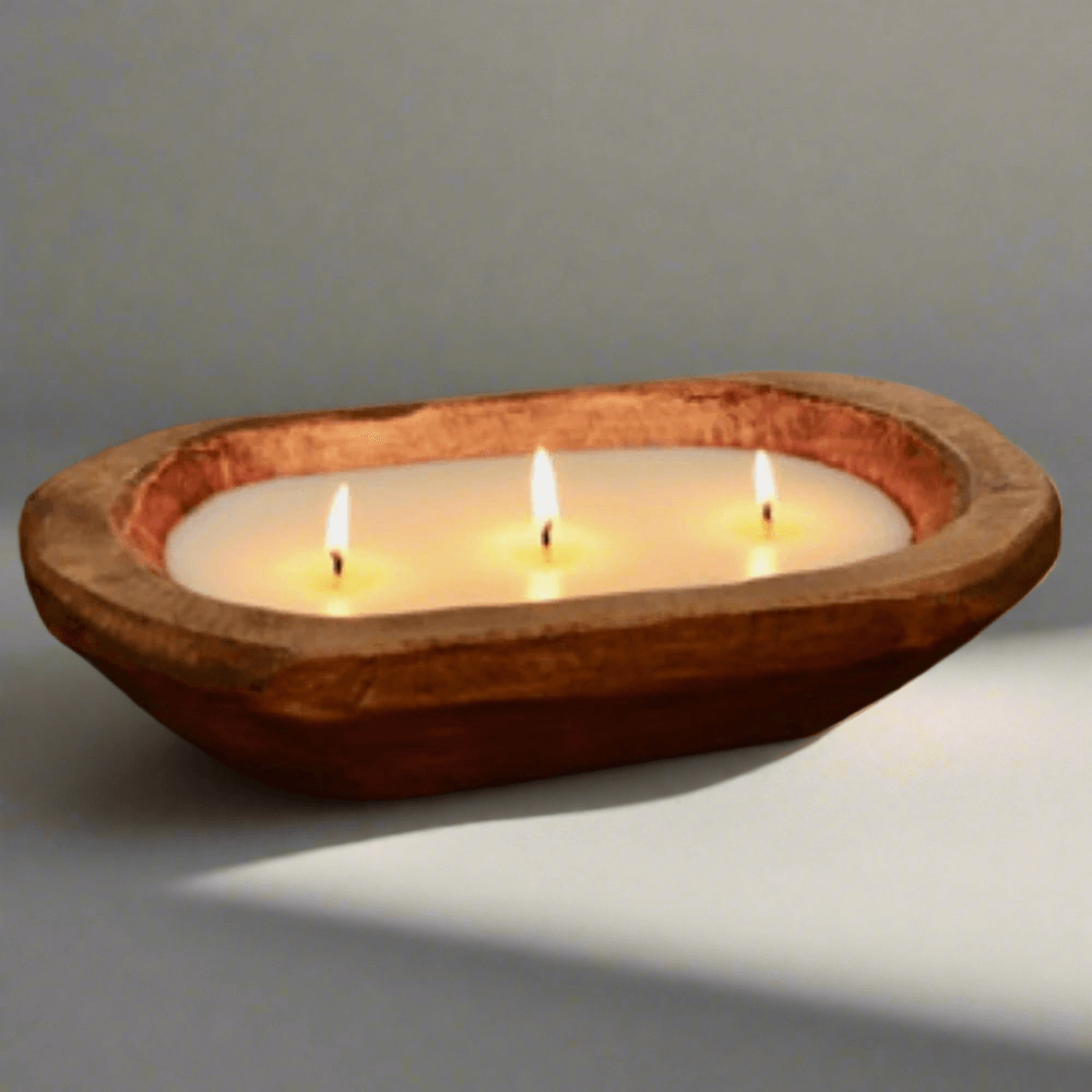 Mahogany Teakwood Scented wooden dough bowl candle for sale online.