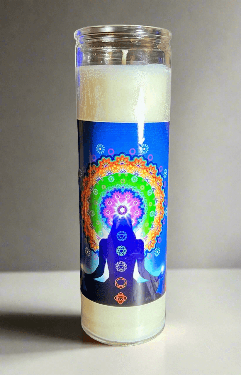 Citrus Agave scented 7 day prayer candle with chakra crystals.