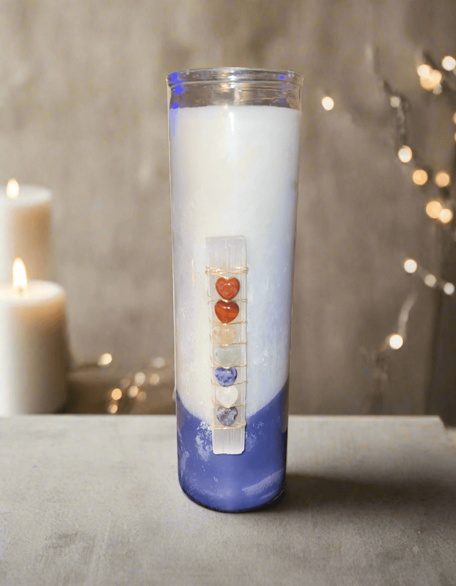 White Sage and Lavender scented chakra crystal prayer candle for sale.