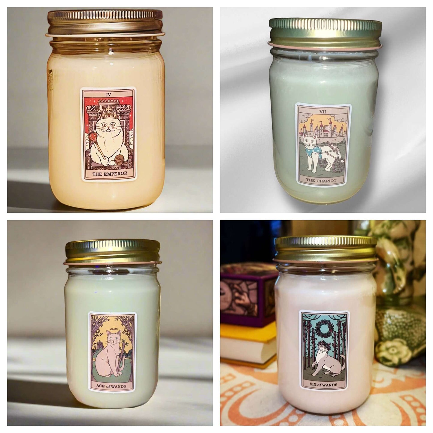 Buy metaphysical tarot card candles online. Scented soy-coco wax blends.