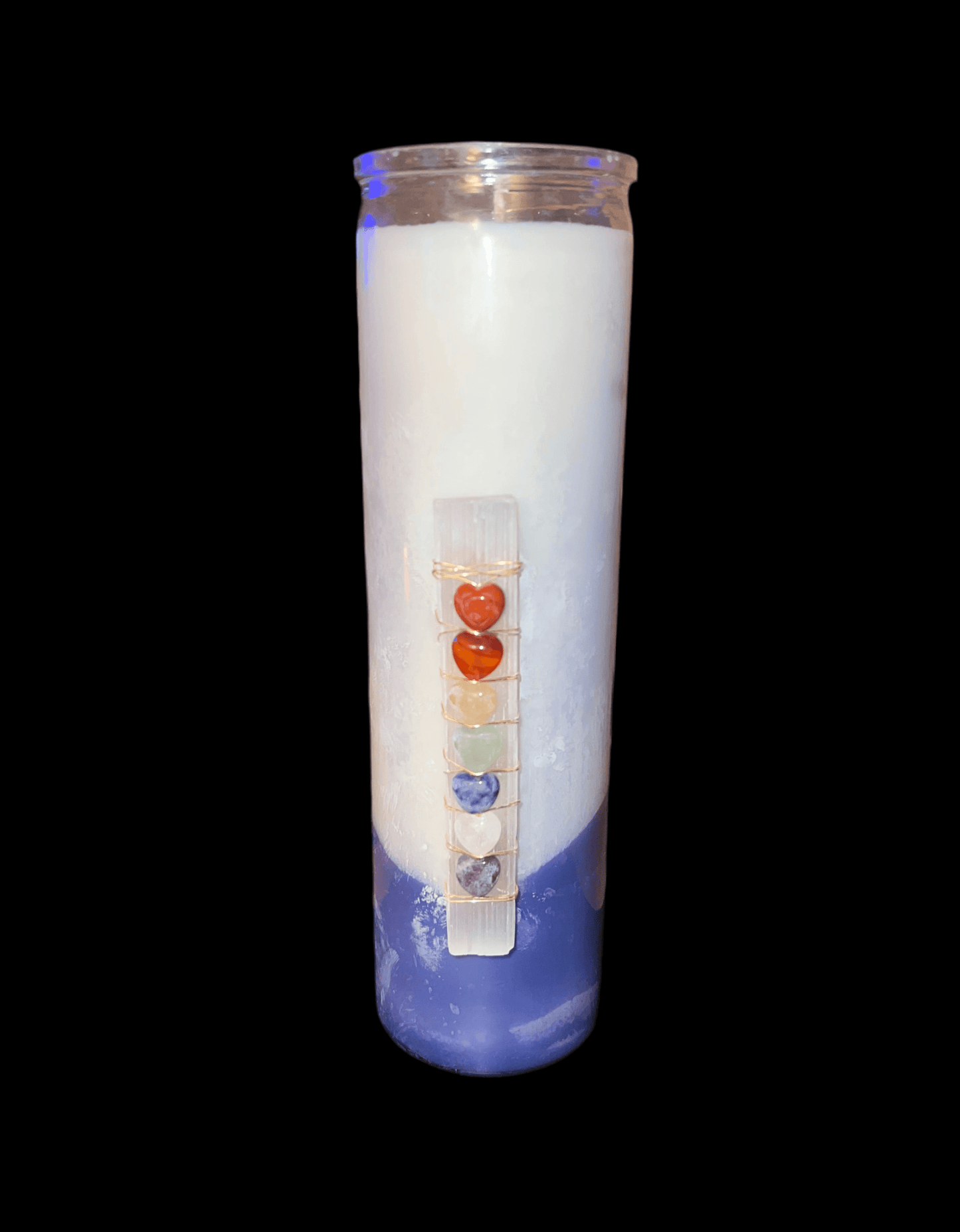 White Sage and Lavender scented chakra crystal prayer candle for sale.