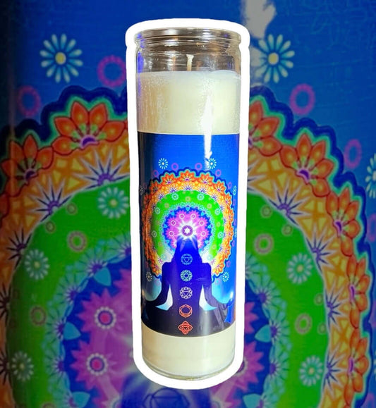 Citrus Agave scented 7 day prayer candle with chakra crystals.