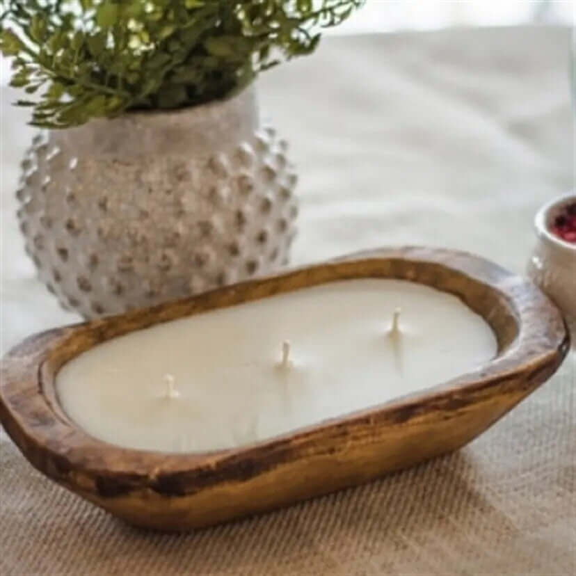Mahogany Teakwood Scented wooden dough bowl candle for sale online.