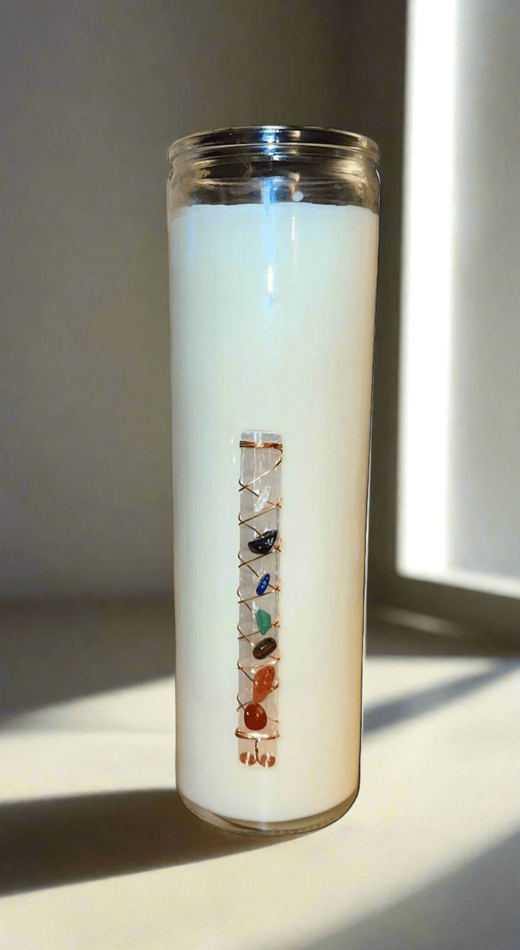 Buy chakra crystal prayer candles online. Scented soy-coco wax blends.