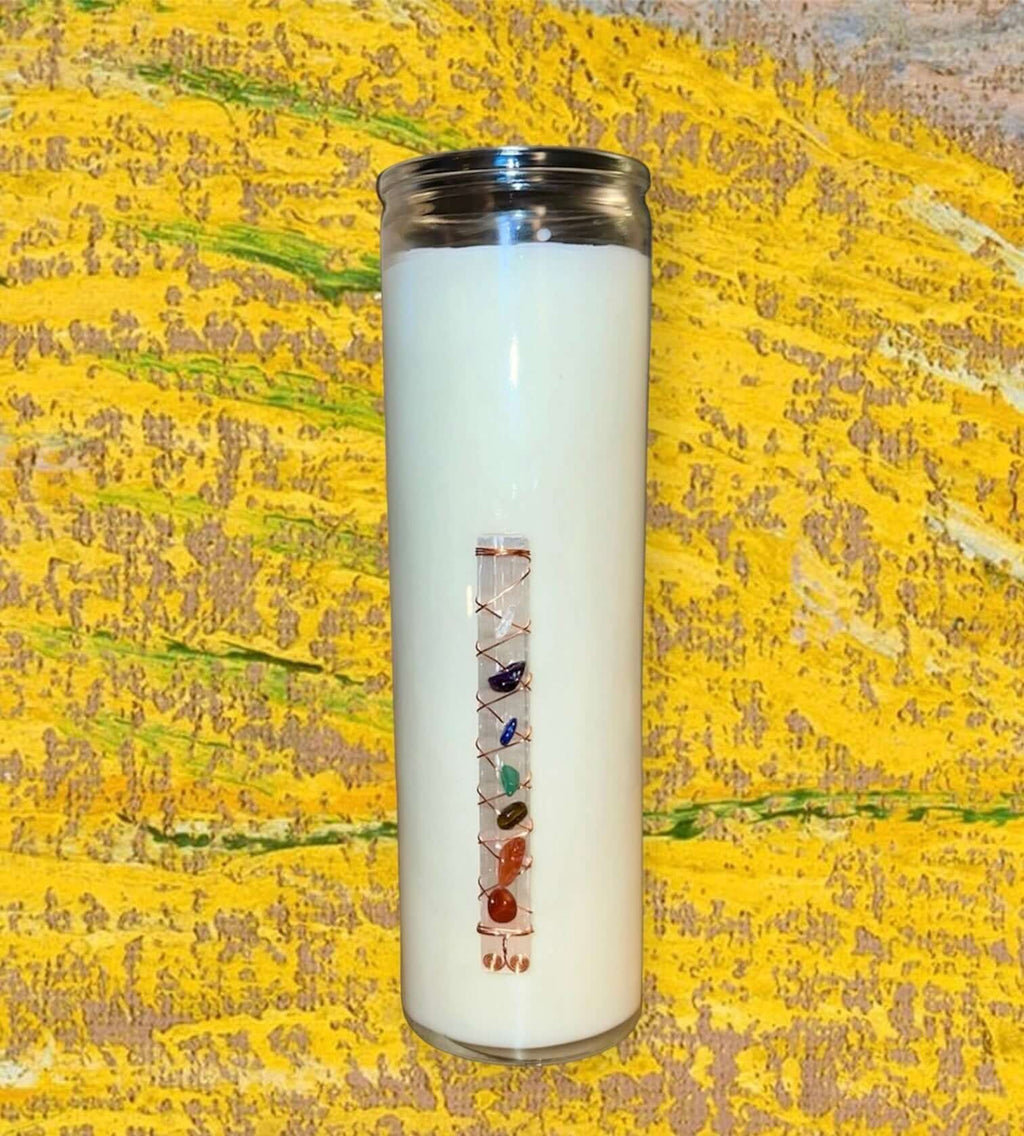 Buy chakra crystal prayer candles online. Scented soy-coco wax blends.