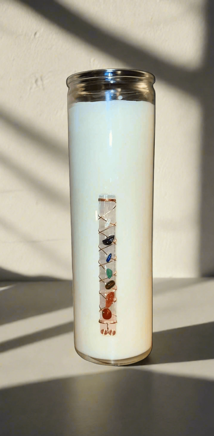 Buy chakra crystal prayer candles online. Scented soy-coco wax blends.