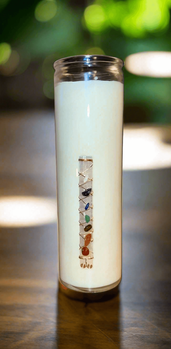 Buy chakra crystal prayer candles online. Scented soy-coco wax blends.